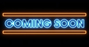 Parlayan neon mavisi animasyonu, siyah arkaplanda dikişsiz bir döngü üzerinde titreşen çubuklarla yakında yazılacak. tekrarlanan renk ve hareket konsepti dijital olarak oluşturulmuş video.