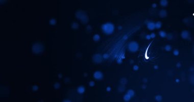 Siyah arkaplanda parlayan mavi ışık demetleri ve sönmüş mavi noktalar. ışık, renk, enerji ve hareket konsepti, dijital olarak oluşturulmuş video.