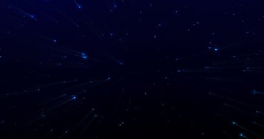 Siyah bir zemin üzerinde hareket eden parlak mavi noktalar ve ışık demetleri. ışık, renk, enerji ve hareket konsepti, dijital olarak oluşturulmuş video.