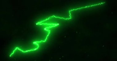 Yeşil yıldırım, hareketli parçacıklar ile siyah bir zemin boyunca çılgınca hareket eden elektrik akımını engeller. enerji, elektrik, ışık ve hareket konsepti, dijital olarak oluşturulmuş video.