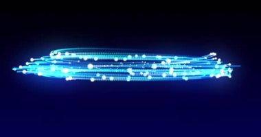 Siyah arka planda dönen mavi çizgileri olan parlak beyaz ışık noktaları. renk, enerji ve hareket konsepti, dijital olarak oluşturulmuş video.