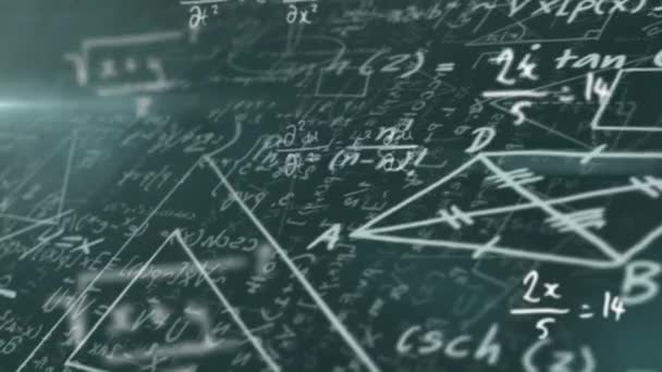 Digital Animering Matematiska Ekvationer Och Diagram Flyter Mot Svart Bakgrund — Stockvideo
