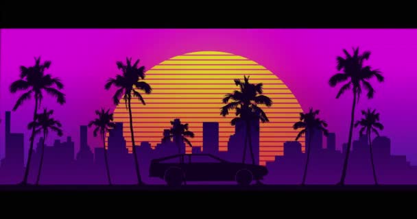 자동차를 연노랑 주황색 태양과 자줏빛 야자나무가 비디오 게임의 움직임 개념을 — 비디오