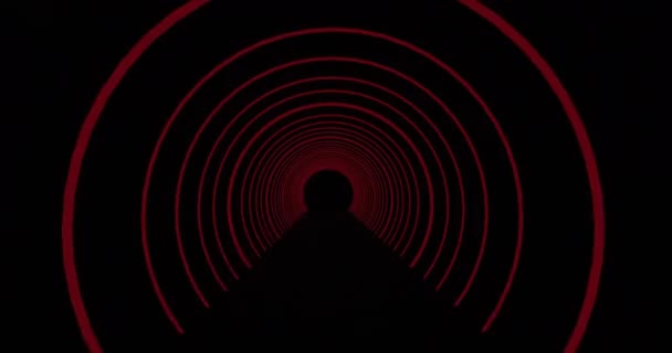 Pohybuje Tunelem Soustředných Červených Neonových Oblouků Pulzujících Černém Pozadí Energie — Stock video