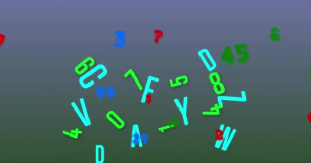 青い背景に浮かぶ複数の変化する数字とアルファベットのデジタルアニメーション 学校や教育の概念 — ストック動画