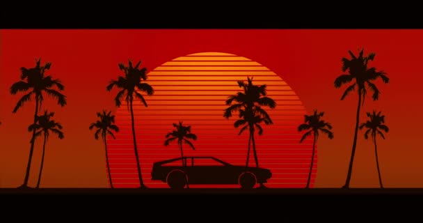 赤いヤシの木と輝くオレンジ色の太陽の上を走行する黒い車のアニメーション レトロなビデオゲームの色と動きの概念デジタル生成されたビデオ — ストック動画