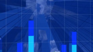 Dünya haritasında arkaplandaki yüksek binalarla istatistiksel veri işlemenin dijital bileşimi. küresel finans ve iş konsepti