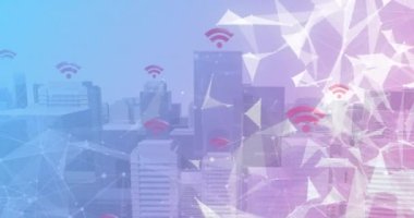 Wi-Fi sembollü gökdelenlerin animasyonu ve bir bağlantı ağı. dijital arayüz küresel bağlantılar konsepti dijital olarak oluşturulmuş video.