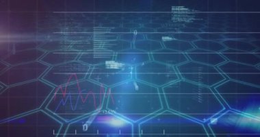 Altıgen üzerinde kırmızı çizgilerin ve finansal veri işlemenin animasyonu. dijital arayüz küresel bağlantı ve finans konsepti dijital olarak oluşturulmuş video.