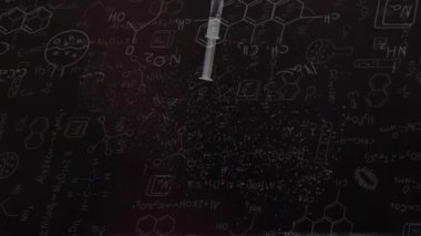 Şırınga üzerinde sıvı düşüşlü kimya verilerinin ve çizimlerin animasyonu. dijital arayüz küresel bağlantı ve dijital olarak oluşturulan bilim konsepti.