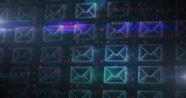 Sanal suçların animasyonu ve dijital zarfların üzerinde işlenen numaralar. dijital arayüz çevrimiçi güvenlik bağlantısı ve dijital olarak oluşturulan iletişim konsepti.