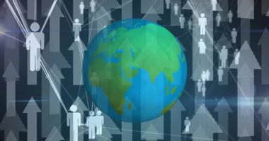 Yukarıyı gösteren okları olan insan simgeleriyle dönen dünyanın animasyonu. dijital arayüz küresel bağlantı ve dijital olarak oluşturulan iletişim konsepti.