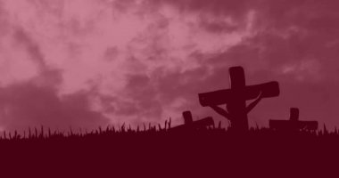 Gökyüzündeki bulutlara karşı çarmıha gerilen haç üzerindeki gök gürültüsünün dijital bileşimi. Hıristiyan dini ve Paskalya konsepti