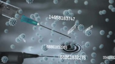 Gri arka planda şırıngaya karşı hareket eden çoklu değişimin dijital bileşimi. covid-19 koronavirüs salgını konsepti.