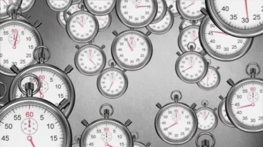 Gri arka planda birden fazla stop saatinin düşmesi ve hızlı hareket etmesinin animasyonu. Zaman hızlı kavramı dijital olarak oluşturulmuş video.