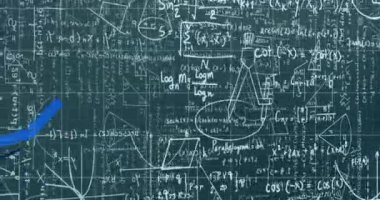 Matematiksel denklemler ve ızgara üzerine kaydedilen mavi çizgilerin animasyonu. dijital arayüz küresel bağlantı ve dijital olarak oluşturulan iletişim konsepti.