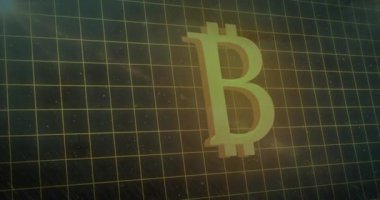 Gece gökyüzünde fırtınaya karşı ızgara ağındaki bit para sembolünün dijital animasyonu. küresel finans ve ekonomi kavramı