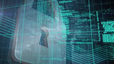 Hareket eden yeşil veri ve bilgilerle asma kilit ve arayüzün animasyonu. dijital arayüz güvenlik kavramı dijital olarak oluşturulmuş video.