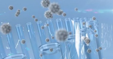 Covid 19 hücre animasyonu ve test tüpleri. küresel koronavirüs salgını ve bilim konsepti dijital olarak üretilen video.