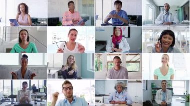 İş arkadaşlarından oluşan bir ekip, elektronik cihazlar kullanarak görüntülü konuşma ekranlarında görüntülendi. Karantina süresince tek başına çalışıyor..