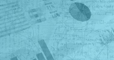 Matematiksel formüllerin üzerine kaydedilmiş istatistiklerin animasyonu. dijital arayüz küresel bağlantı ve dijital olarak oluşturulan bilim konsepti.