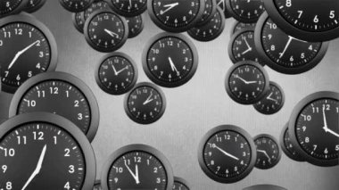 Gri arka planda ilerleyen çoklu siyah beyaz saatin animasyonu. Zaman hızlı kavramı dijital olarak oluşturulmuş video.