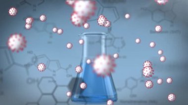 Kimyasal bileşik yapılar üzerine kovid 19 hücre ve mavi sıvılı matara animasyonu. küresel koronavirüs salgını ve bilim konsepti dijital olarak üretilen video.