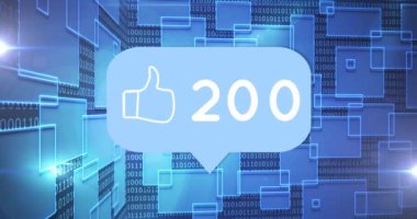 Mavi konuşma baloncuğunun canlandırması. Başparmaklar yukarı ve sayılar artıyor. dijital arayüz küresel sosyal ağ, bağlantı ve iletişim konsepti dijital olarak oluşturulmuş video.