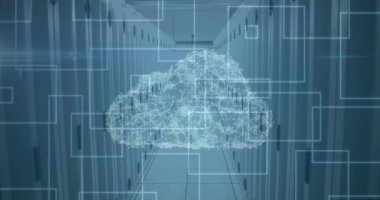 Bilgisayar sunucularıyla teknoloji odasının üzerinde kare şeklinde dijital bulut animasyonu. dijital arayüz küresel bağlantı ve çevrimiçi güvenlik konsepti dijital olarak oluşturulmuş video.