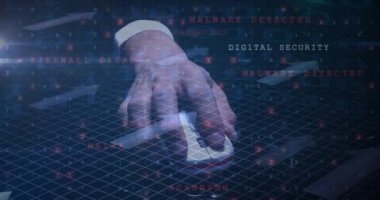 Fare kullanan bir adamın siber saldırı uyarı metninin canlandırması. dijital arayüz küresel bağlantı konsepti dijital olarak oluşturulmuş video.