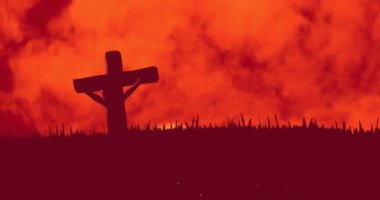 Gökyüzündeki bulutlara karşı çarmıha gerilen haç üzerindeki gök gürültüsünün dijital bileşimi. Hıristiyan dini ve Paskalya konsepti