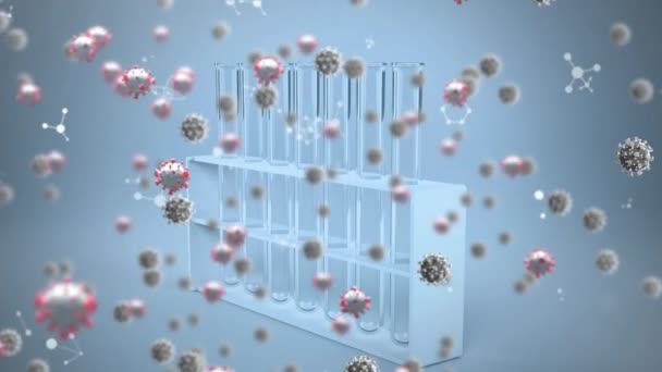Анімація Ковідових Клітин Над Молекулами Пробірками Глобальна Пандемія Коронавірусу Концепція — стокове відео