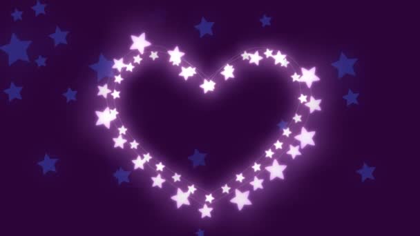 Animation Heart Shape Glowing Pink Stars Twinkling Dark Background Blue — Stock Video