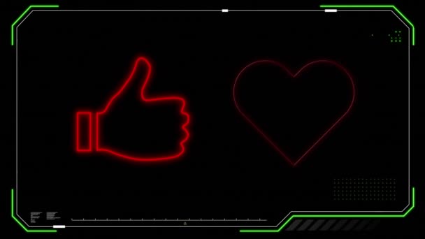 Animation Red Neon Heart Thumbs Cloud Signs Flashing Black Valentine — Stock Video