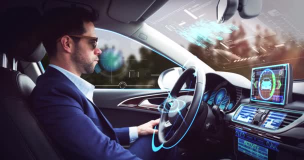 Animação Interface Digital Sobre Homem Negócios Carro Auto Condução Rede — Vídeo de Stock
