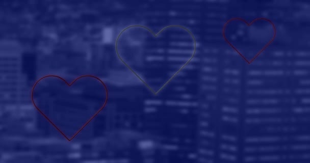 赤と白のネオンの心のアニメーションは 専用の都市の背景に点滅します バレンタインの日愛と恋愛の概念デジタルで生成されたビデオ — ストック動画