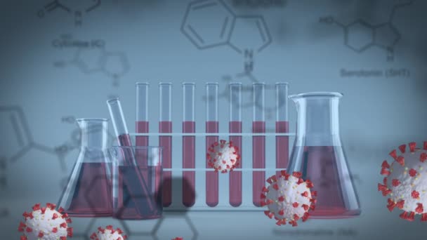 Animazione Cellule Covid Strutture Chimiche Composte Palloni Provette Pandemia Coronavirus — Video Stock