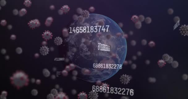 数字动画的多个变化的数字和Covid 19细胞漂浮在地球上 Coronavirus Covid 19大流行病概念 — 图库视频影像