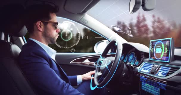 Animasi Antarmuka Digital Atas Pengusaha Mobil Self Driving Jaringan Global — Stok Video