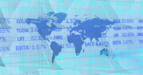 Κινούμενο Σχέδιο Επεξεργασίας Χρηματοοικονομικών Δεδομένων Μέσω Του Μπλε Παγκόσμιου Χάρτη — Αρχείο Βίντεο