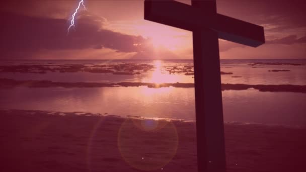 Digitale Compositie Van Donder Effect Kruis Tegen Wolken Lucht Christelijke — Stockvideo