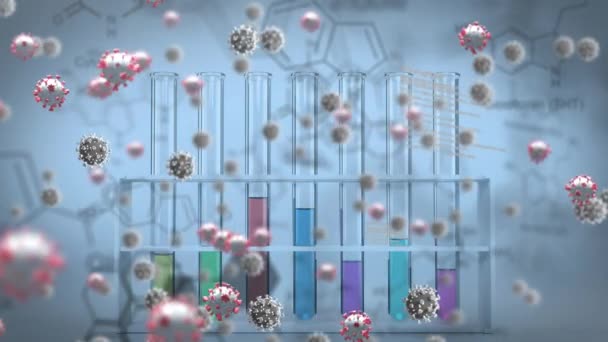 Анімація Ковад Клітин Над Хімічними Сполучними Структурами Пробірками Глобальна Пандемія — стокове відео