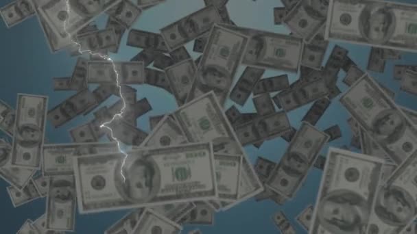 Digitální animace efektu hromu a amerických dolarů klesající na modrém pozadí. globální finance a podnikatelský koncept