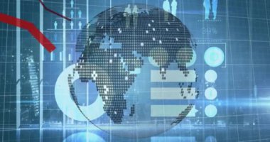 Dünya üzerinde dönen veri ve bilgili grafiklerin animasyonu. dijital arayüz küresel bağlantılar konsepti dijital olarak oluşturulmuş video.