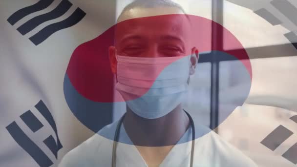 Animation Flag South Korea Smiling Male Doctor Wearing Face Mask — Stock Video