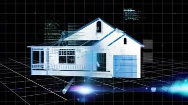 Bir ızgara üzerinde hareket eden veri ve bilgilerle dönen 3D ev modelinin animasyonu. dijital arayüz küresel bağlantılar konsepti dijital olarak oluşturulmuş video.