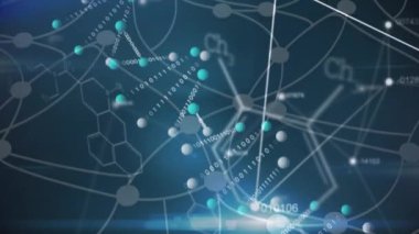 Kimyasal yapılara karşı dönen DNA yapısı üzerinde birden fazla değişen sayının dijital animasyonu. Bilgisayar arayüzü ve tıbbi araştırma teknolojisi kavramı.