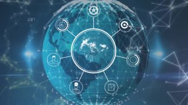 Bağlantılar ve teknolojik simgelerle dönen dünyanın animasyonu. dijital arayüz küresel bağlantılar konsepti dijital olarak oluşturulmuş video.