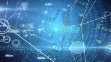 Sayılar ve şekillerden oluşan yüzen dairelerle olan bağlantıların animasyonu. dijital arayüz küresel bağlantılar konsepti dijital olarak oluşturulmuş video.