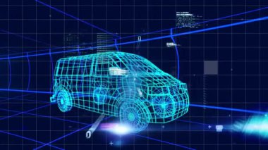 3D araba modelinin veri ve bilgilerle bir tünelden geçişi. dijital arayüz küresel bağlantılar konsepti dijital olarak oluşturulmuş video.